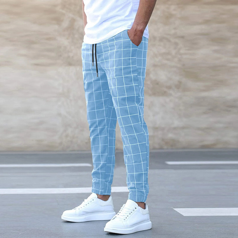 Fashion Plaid Print Pants Casual Drawstring Trousers Men's Clothing - Image 4